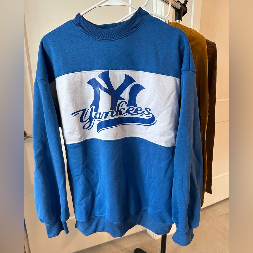 set of three sweaters. white, blue, brown. multi-brand. size s. (c120)